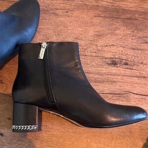 Michael Kors Black Leather Ankle Boots with Chain-Trim Block Heel